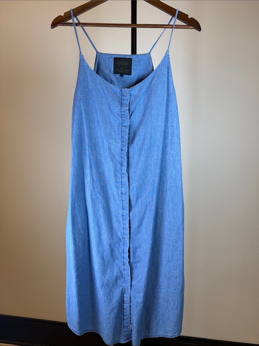Zara TRF Chambray Denim Snap Button Cami Midi Dress Pockets Blue | Size Small